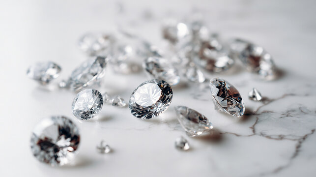 Diamonds on a white marble floor, close-up image 