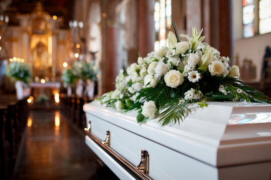 White Wood Coffin with a flower arrangement close up, funeral arrangement in church