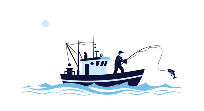 A sleek dark blue fishing trawler navigates through stylized light blue ocean waves under a pale moon in a minimalist nautical scene with clean lines.