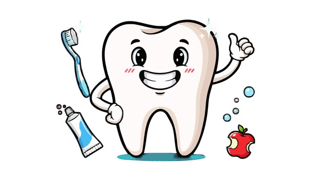 A cheerful cartoon tooth character holding a toothbrush and toothpaste on transparent background