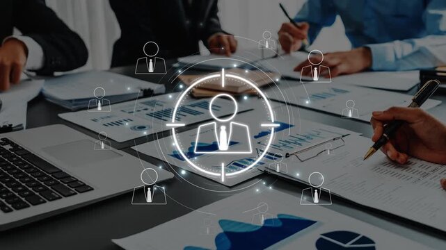 A dynamic business meeting scene showcasing professionals discussing strategies with digital networking elements, charts, and documents on a modern table. Raster
