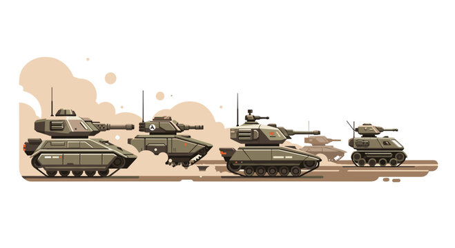 Advanced armored battle tanks with sleek futuristic designs traverse a dusty desert landscape while kicking up soft brown clouds under a bright clear sky.