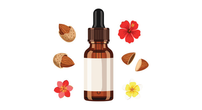 A professional amber glass dropper bottle with a clean white label rests amidst organic almonds and vibrant tropical hibiscus flowers on a white backdrop.