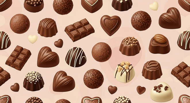 Assortment of rich, decadent chocolates in various shapes and sizes on a soft pink background