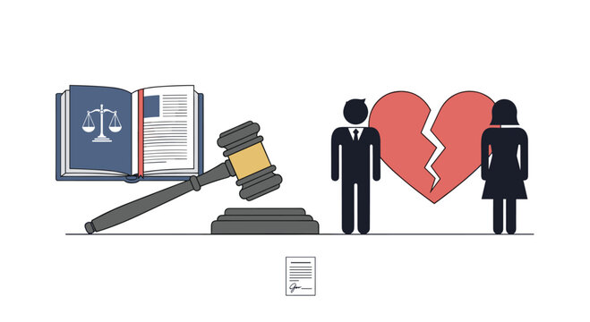 A comprehensive law book and heavy wooden gavel stand between a broken red heart and two human silhouettes above a signed legal document on a bright white backdrop.
