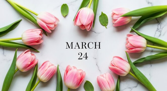 Fresh Pink Tulips in a Circular Frame for March 24 on Elegant Marble
