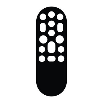 A black remote control with numerous circular and oblong buttons a minimalist silhouette