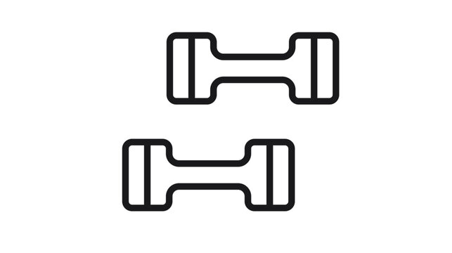 Minimalist black line vector icon illustration of two dumbbells, a symbol for fitness, weightlifting, gym equipment, bodybuilding, strength training, and healthy lifestyle on white background.
