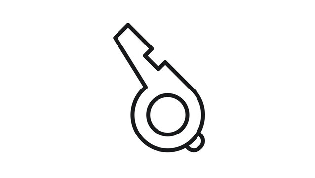Black line vector icon of a whistle, minimalist sports referee or coach whistle symbol for signal and alert, scalable graphic illustration isolated on white background for web and app design.