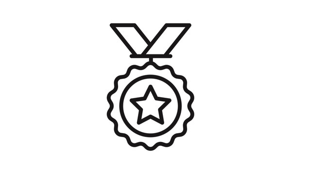 Black line art vector icon illustration of a medal with a star in the center and a ribbon, symbolizing achievement, success, award, victory, and first place recognition on a white background.