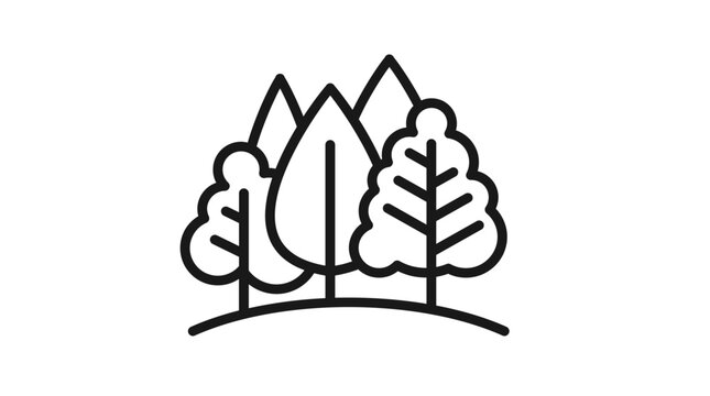Minimalist black line art vector icon of a forest featuring various stylized trees on a curved ground, representing nature, ecology, and environmental conservation in a clean graphic illustration.