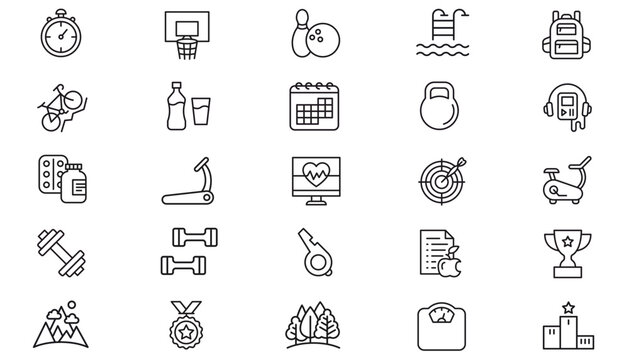 Vector Icon Set of 25 Minimalist Black Line Art Symbols for Fitness, Sports, Healthcare, and Lifestyle. Bundle Includes Gym Equipment, Medical Tools, Nature, Achievement Awards, and Travel Gear Icons.