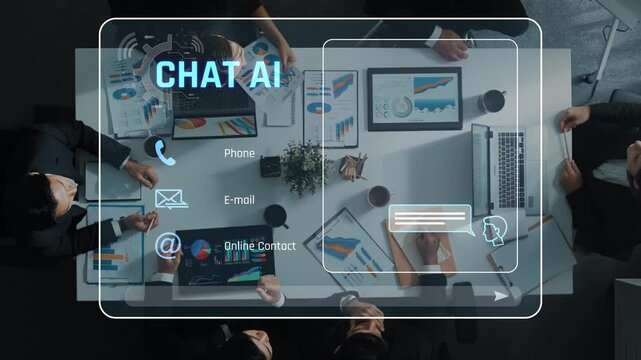 A modern team engages in a collaborative meeting, utilizing chat AI technology to enhance communication and planning within a professional workspace. Raster