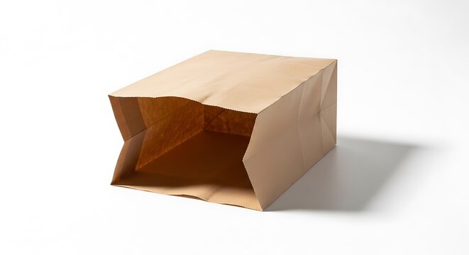 A brown paper bag sits open, casting a slight shadow on a white surface, simple and clean
