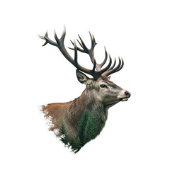 Naklejka premium high contrast, hyperdetailed silhouette profile of a majestic red deer stag head with massive antlers. double exposure composition shows dark green watercolor forest inside, white background. concept