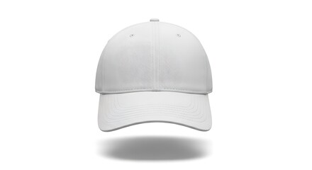 Fototapeta premium A clean, white baseball cap levitates against a plain white background, casting a soft shadow