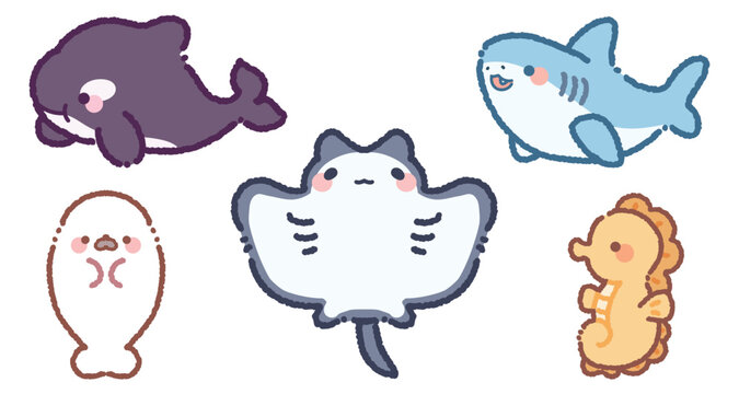 Cute Kawaii Cartoon Sea Creatures: Orca, Shark, Devil ray, Seal, Seahorse Vector illustration set