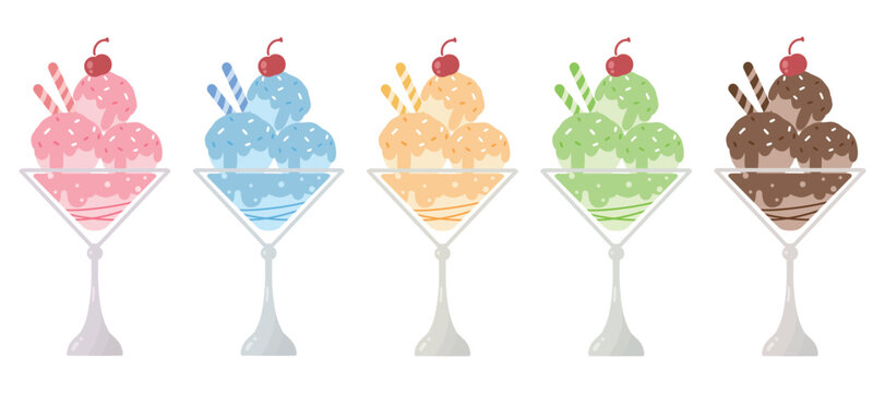 Sweet Summer Treats: Assorted Ice Cream Sundaes Vector illustration set(Strawberry, blueberry, mango, matcha, chocolate)
