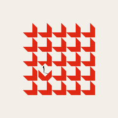 Fototapeta na wymiar Silhouette of a businesswoman standing on a single upward red arrow against a grid of downward arrows. Minimal vector concept illustration for corporate innovation and market disruption.