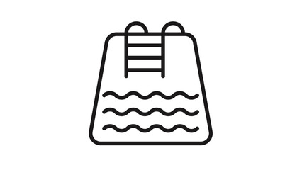 Black vector line icon of a swimming pool with a ladder and wavy water ripples, minimalist illustration for summer vacation, leisure, sports, and aquatic activities, isolated on white. © Azan