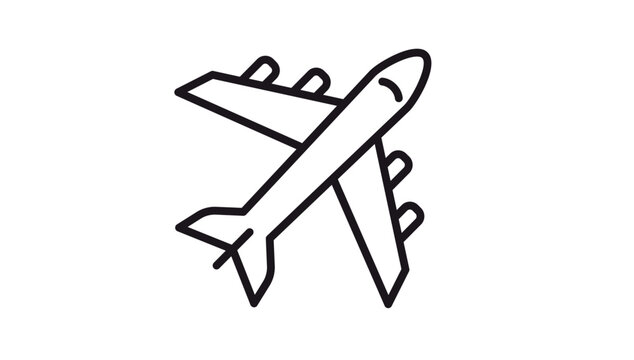 Minimalist black line vector icon of an airplane or commercial jet flying, isolated on a white background. Simple airplane symbol for travel, aviation, transport, and tourism graphic design.