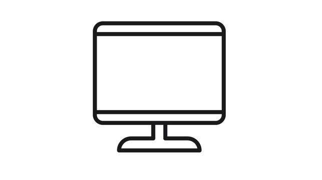 Minimalist black line vector icon of a computer monitor or television screen on a stand, clean scalable illustration for digital technology, desktop hardware, and office workstation concepts.
