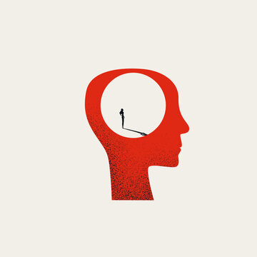 Silhouette of a businesswoman standing inside a large circular void within red human head profile. Minimal vector concept illustration for corporate mental health and strategic business brainstorming