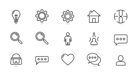 Fototapeta premium Minimalist line icons, communication and business symbols, social media and search vector graphics, 16 editable elements