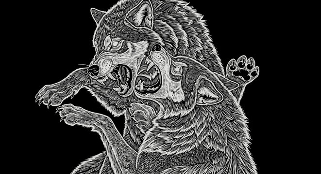 Detailed monochrome illustration of two wild wolves snarling and fighting fiercely, baring teeth in an aggressive confrontation