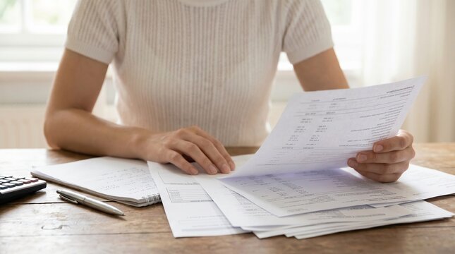 A person sitting at a wooden desk, reviewing financial documents or bills, with a calculator and pen nearby. The scene suggests someone managing personal finances or going through paperwork.