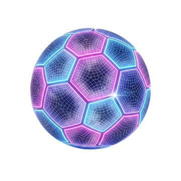 A glowing neon soccer ball isolated against a dark black background
