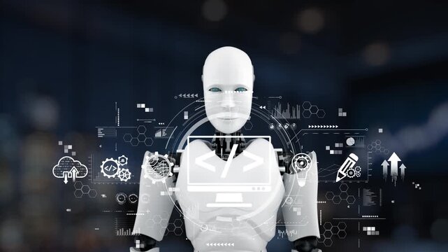 A futuristic robot developer interacts with a digital interface, showcasing coding symbols and tech elements against a modern background, symbolizing innovation. Synapse