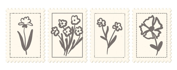Minimalist floral stamp collection with naive line art flower doodles on grainy beige background for playful stationery, organic branding, mail art, wedding invitations, greeting cards © Eugenia