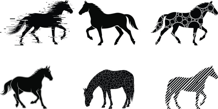Horse silhouette collection with glitch, geometric, striped and artistic running stallions, abstract vector illustration set isolated on white background