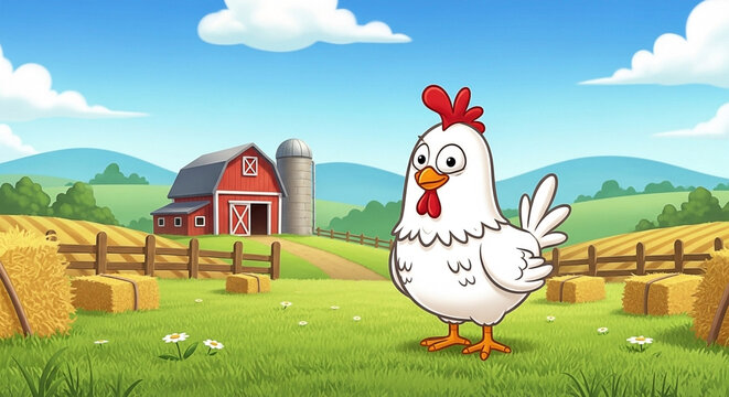 Whimsical cartoon chicken stands in a sunny farmyard with hay bales and barn