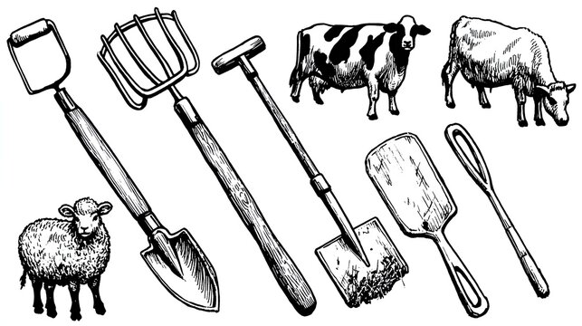 Group of farm implements and livestock drawn in black and white engraving style