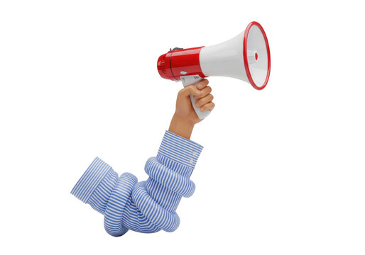 brightly stylized 3d render of a coiled, disembodied rubbery arm in a striped dress shirt sleeve gripping a vivid red megaphone, isolated on high-key gray. Concept for marketing outreach