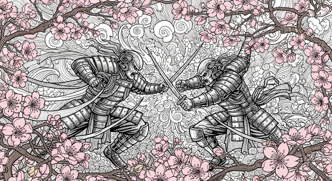 Dynamic samurai warriors engaged in a fierce sword duel amidst beautiful pink cherry blossoms, traditional Japanese art illustration.