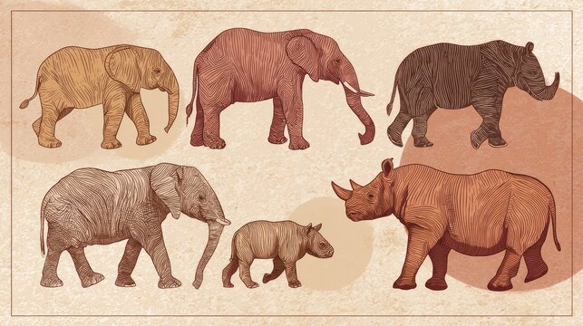 Collection of detailed hand-drawn style illustrations depicting different proboscideans and perissodactyls