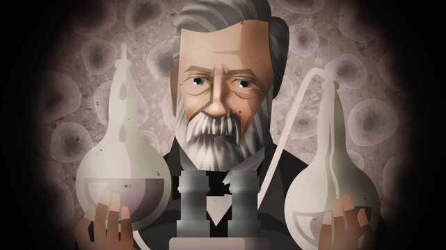 scientist with microscope and flasks discovering penicillin in laboratory