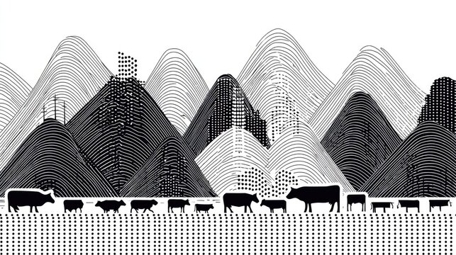 Stylized black and white illustration depicts a herd of cattle traversing a landscape dominated by abstract, linear mountains.