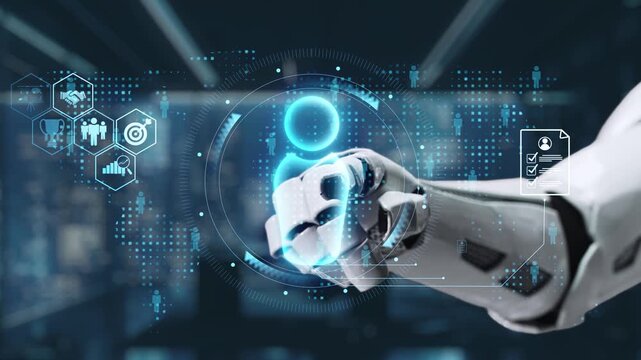 A sleek robot hand interacts with a futuristic digital user interface filled with holographic icons and data visualizations, showcasing technology and innovation. Auvana