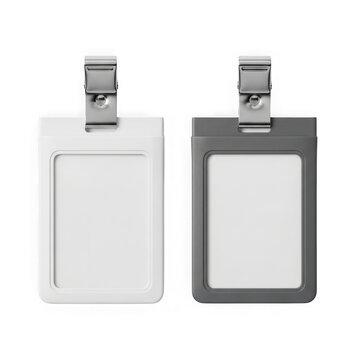 Two vertical plastic badge holders in white and grey colors with metal clips for identification