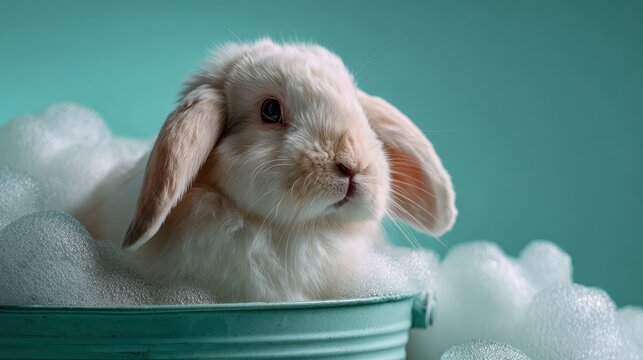Cute white lop-eared rabbit taking a bubble bath in a turquoise basin