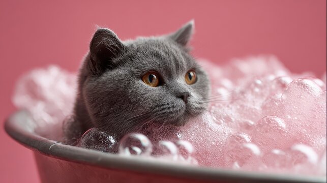Grey British Shorthair cat enjoying a pink bubble bath in a tub