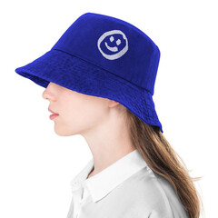 Png girl mockup in blue bucket hat with smiling face print street fashion shoot © Rawpixel.com