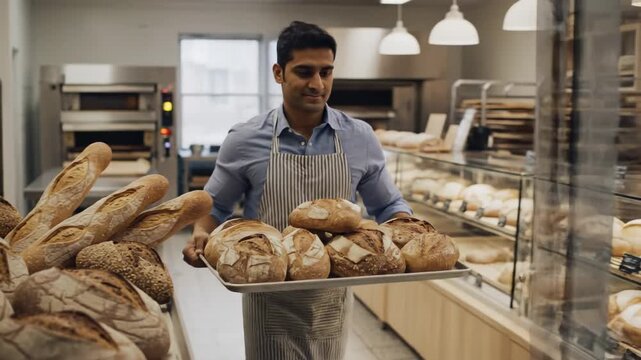 This shows a baker in a modern bakery holding a tray of freshly baked bread, highlighting the art of bread making and the culinary skills involved in creating delicious, crusty loaves.