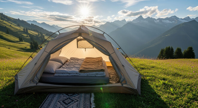Camping tent setup in scenic mountain meadow at sunrise offering stunning views of peaks and valleys under a bright sunny sky