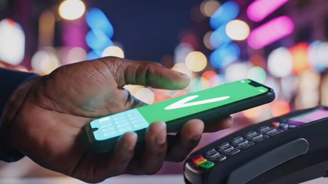 Close up of person making a secure contactless mobile payment with a smartphone at a retail store terminal in the city at night.

