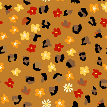 Leopard print with flowers and leaves. Design for leopard print textile fabric. Suitable for fashion